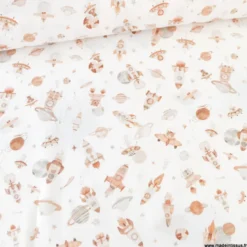 Tissu coton Fuzbuz motif fusées et espace fond écru -OEKO TEX