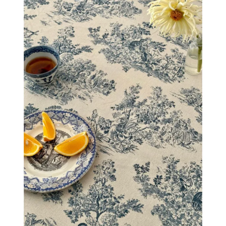 Tissu coton Gabrielle toile de Jouy - Aspect Lin Bleu marine