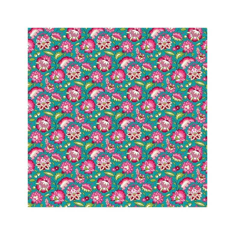 Tissu coton Gange Enduit motif fleurs Turquoise et rose