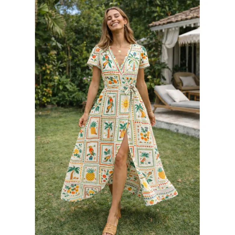 Tissu coton imprimé Bomdia – Motifs tropicaux esprit patchwork Blanc