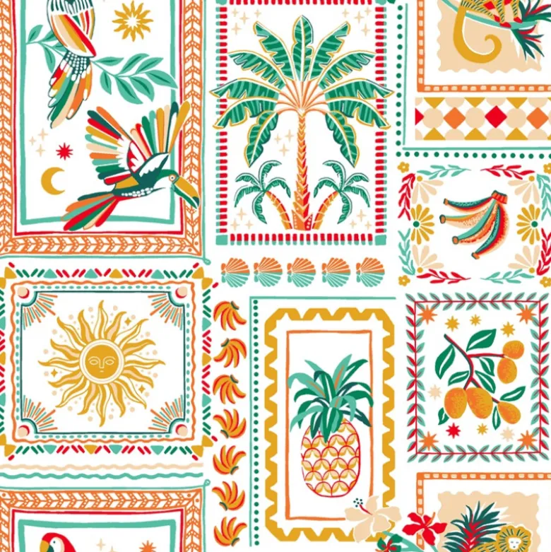 Tissu coton imprimé Bomdia – Motifs tropicaux esprit patchwork Blanc