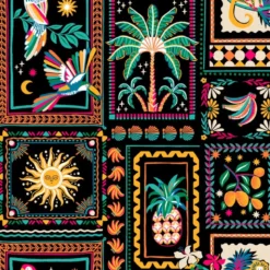 Tissu coton imprimé Bomdia – Motifs tropicaux esprit patchwork Noir