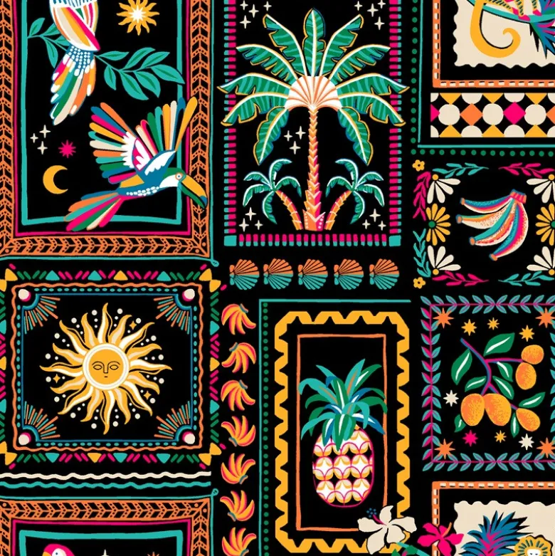 Tissu coton imprimé Bomdia – Motifs tropicaux esprit patchwork Noir