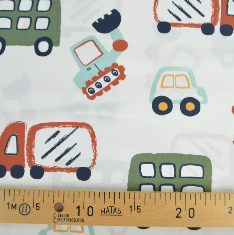 Tissu coton imprimé camions et voitures XXL fond blanc cassé - OEKO TEX