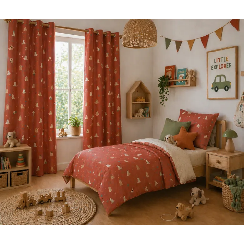 Tissu coton imprimé chiens fond terracotta - OEKO TEX