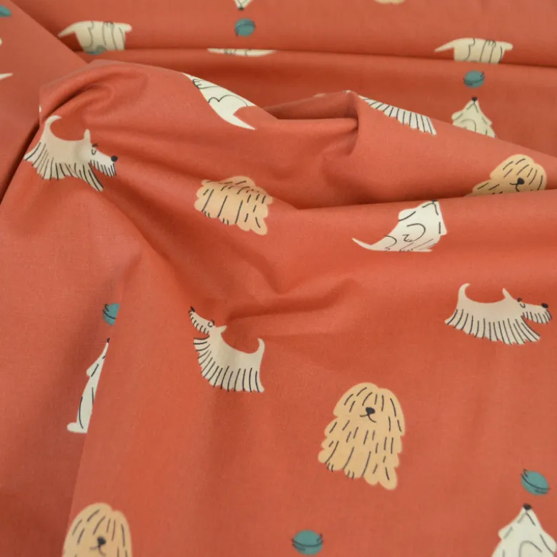 Tissu coton imprimé chiens fond terracotta - OEKO TEX