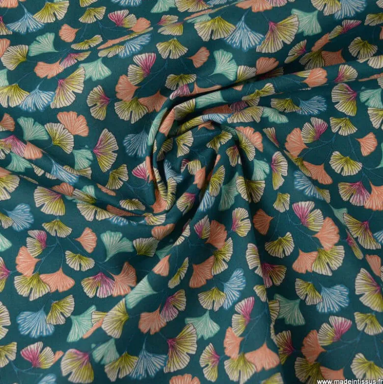 Tissu coton imprimé feuilles de Ginkgo Aphrodite fond Emeraude - OEKO TEX