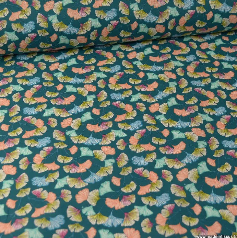 Tissu coton imprimé feuilles de Ginkgo Aphrodite fond Emeraude - OEKO TEX