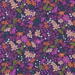 Tissu coton imprimé Maria motif fleurs violet et orange - OEKO TEX