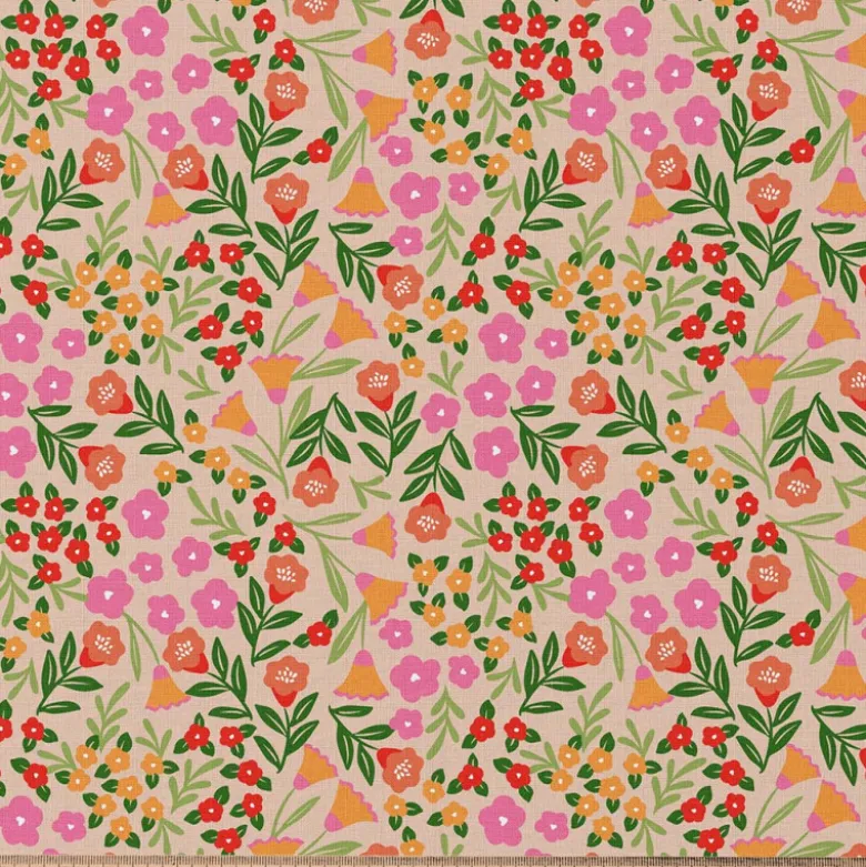 Tissu coton imprimé Martine motif fleurs rose et vertes - OEKO TEX