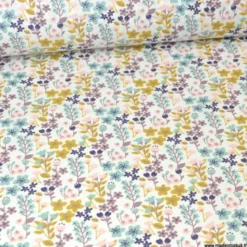 Tissu coton imprimé petites fleurs ocre, céladon et violine -OEKO TEX - Motif Milly