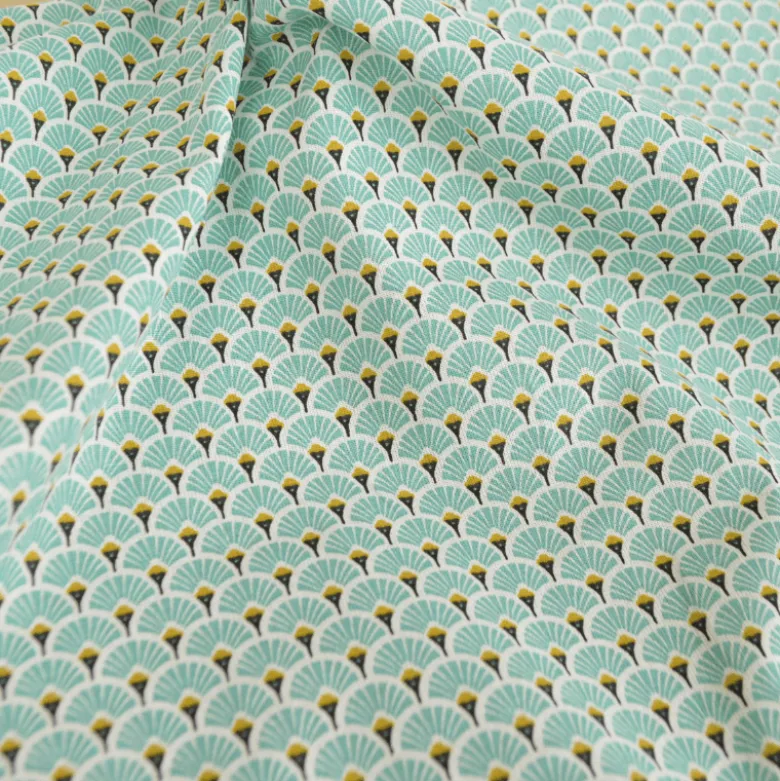 Tissu coton imprimé éventails écailles - Lagon - OEKO TEX