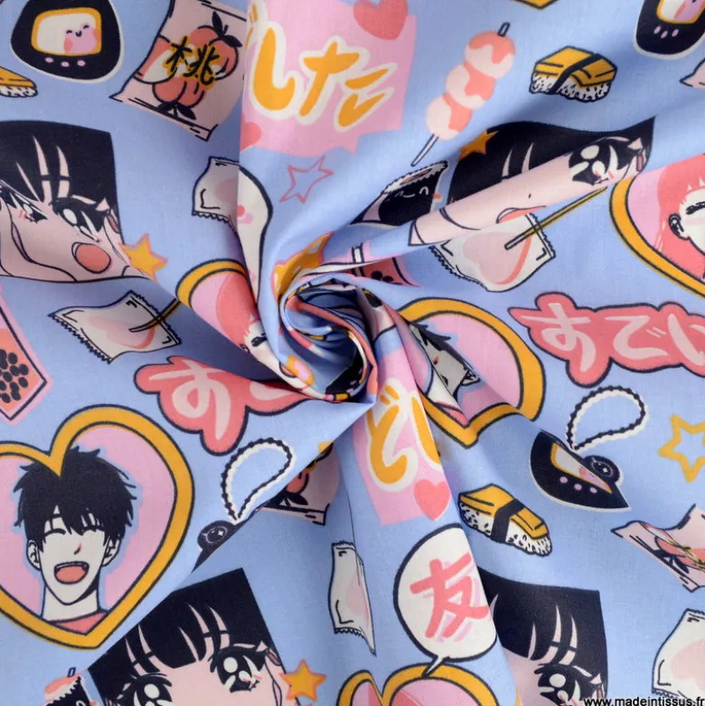 Tissu coton In Love motifs manga japonais bleu et rose - OEKO TEX