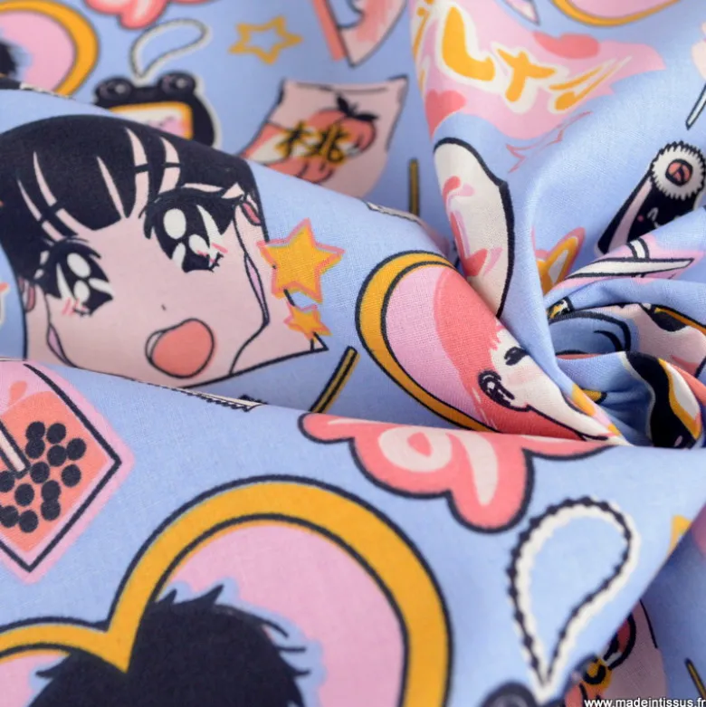 Tissu coton In Love motifs manga japonais bleu et rose - OEKO TEX