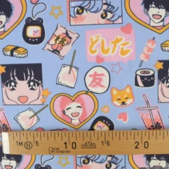 Tissu coton In Love motifs manga japonais bleu et rose - OEKO TEX