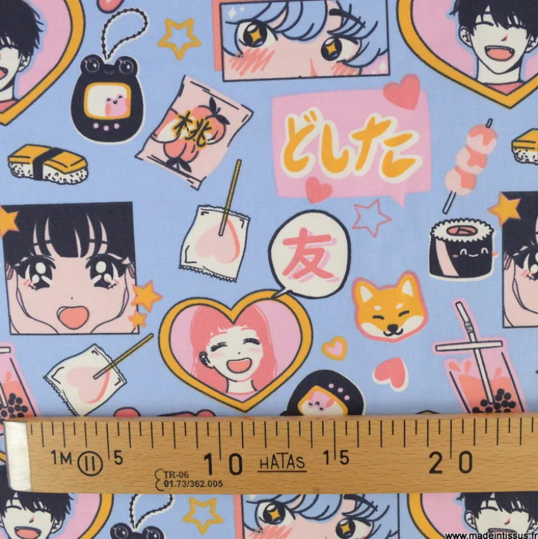 Tissu coton In Love motifs manga japonais bleu et rose - OEKO TEX