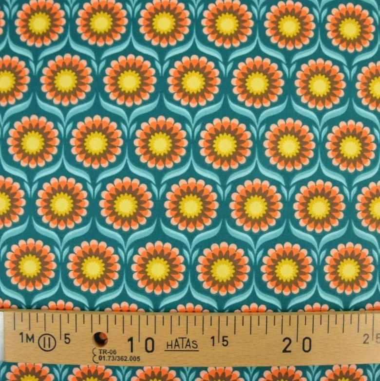 Tissu coton Jolijoli motif fleurs fond turquoise - OEKO TEX