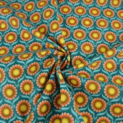 Tissu coton Jolijoli motif fleurs fond turquoise - OEKO TEX