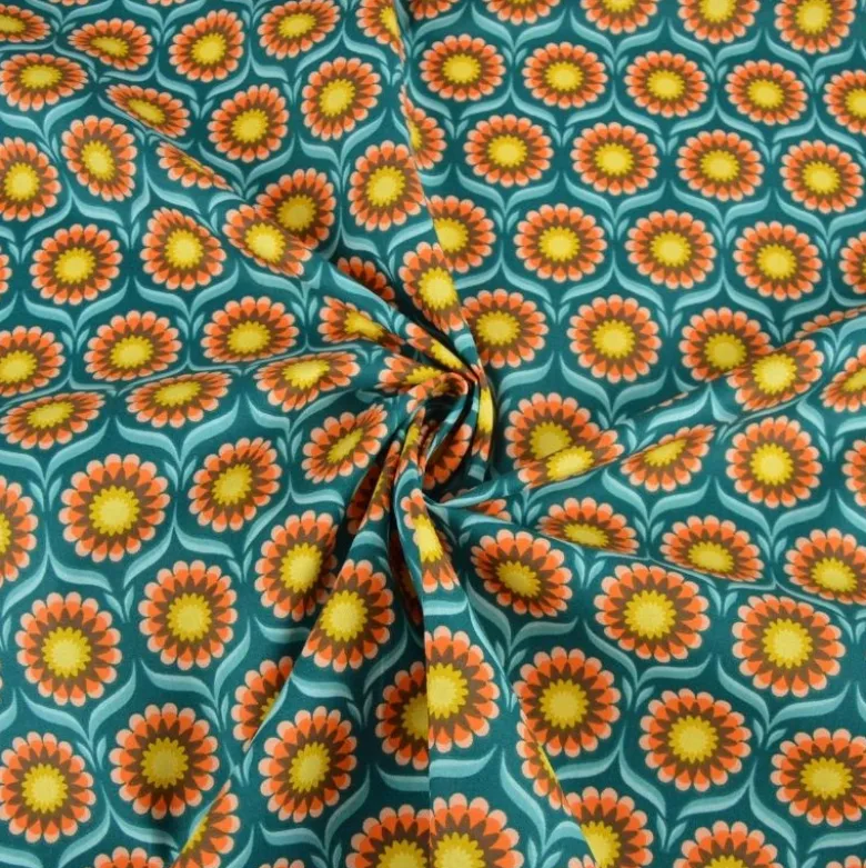 Tissu coton Jolijoli motif fleurs fond turquoise - OEKO TEX