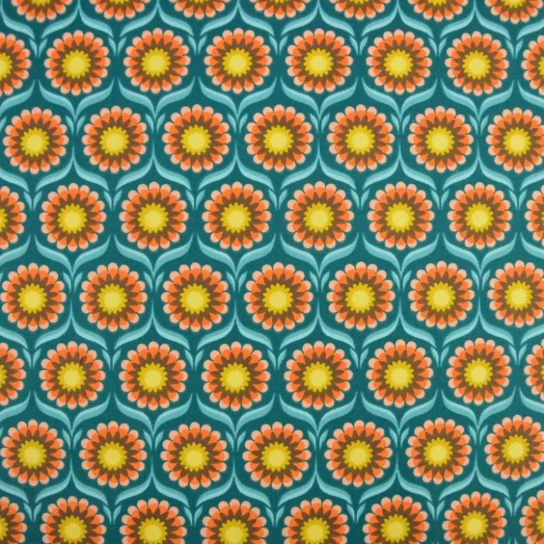 Tissu coton Jolijoli motif fleurs fond turquoise - OEKO TEX