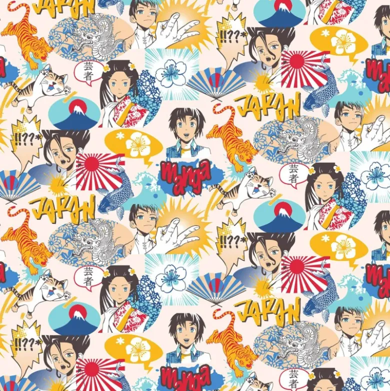 Tissu coton Kyoto motifs manga japonais - OEKO TEX