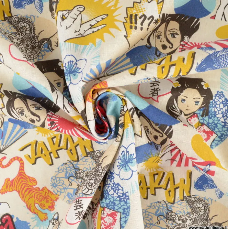 Tissu coton Kyoto motifs manga japonais - OEKO TEX