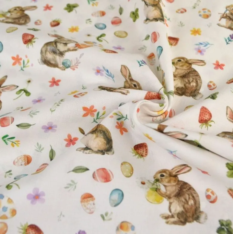 Tissu coton lapins et oeufs de Pâques fond blanc