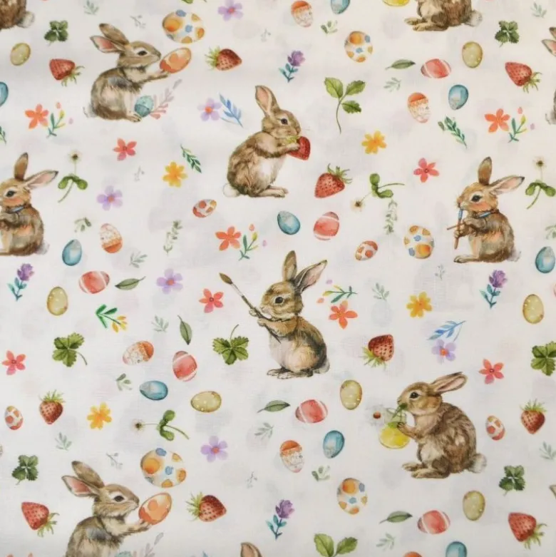 Tissu coton lapins et oeufs de Pâques fond blanc
