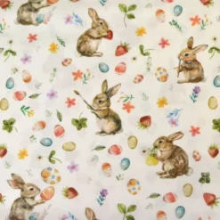 Tissu coton lapins et oeufs de Pâques fond blanc