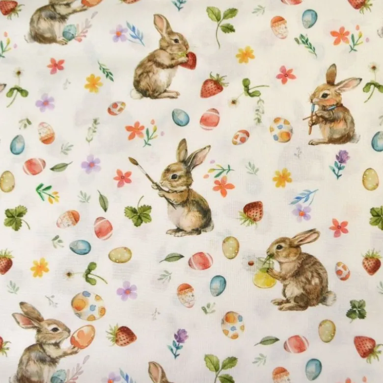 Tissu coton lapins et oeufs de Pâques fond blanc