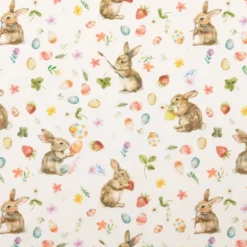 Tissu coton lapins et oeufs de Pâques fond blanc