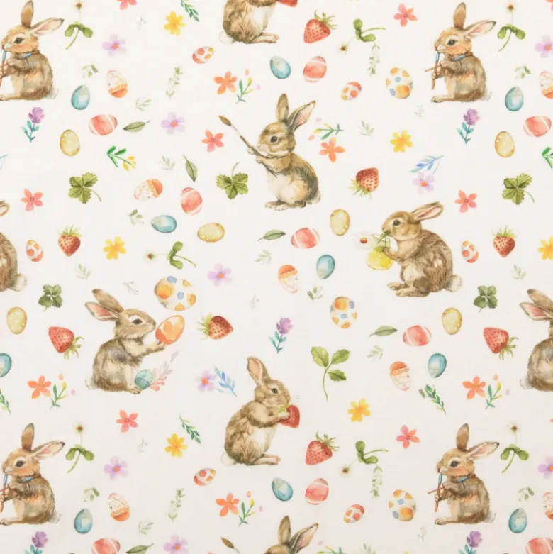 Tissu coton lapins et oeufs de Pâques fond blanc