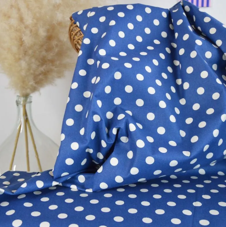 Tissu coton lavé motif Pois - Bleu indigo