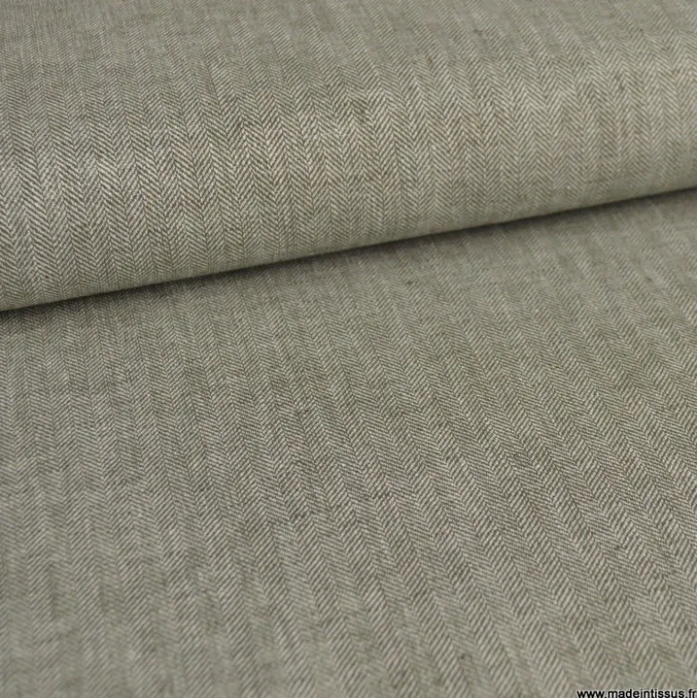 Tissu coton lin kaki à petits motifs chevrons