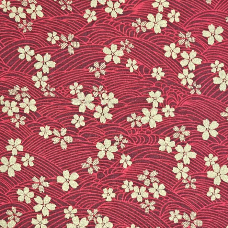 Tissu coton lourd Tatami motif fleurs et vagues japonaises rouge - OEKO TEX