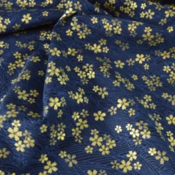 Tissu coton lourd Tatami motif fleurs et vagues japonaises Bleu - OEKO TEX