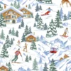 Tissu coton Meribel motif station de ski, montagne et skieur fond blanc