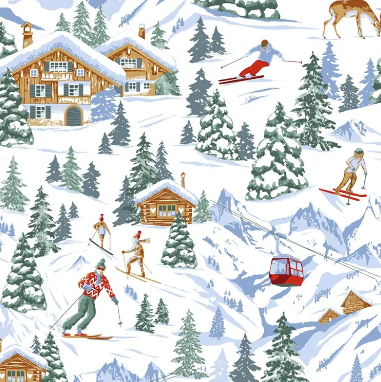 Tissu coton Meribel motif station de ski, montagne et skieur fond blanc