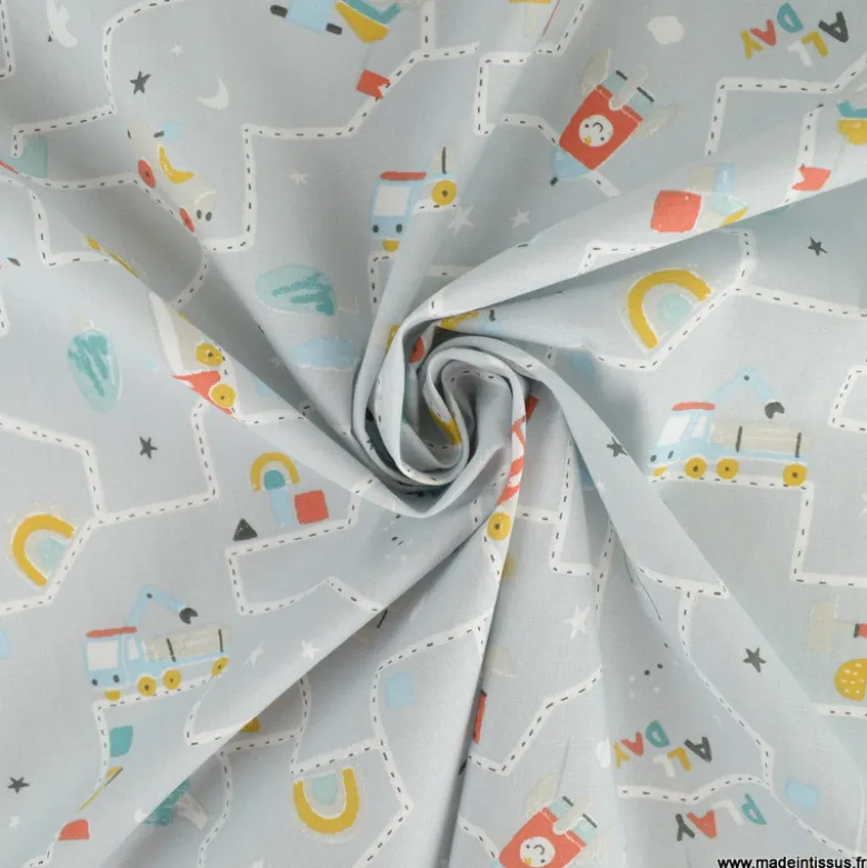 Tissu Coton Midril motif circuit de voiture fond gris bleu- OEKO TEX