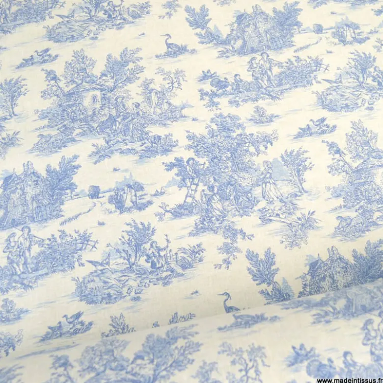 Tissu coton Mini Pastorale Toile de Jouy Lin et bleu - OEKO TEX