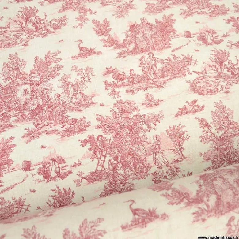 Tissu coton Mini Pastorale Toile de Jouy Lin et rouge - OEKO TEX