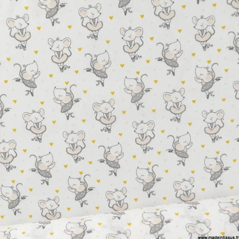 Tissu coton Misty motif souris danseuse en tutu fond blanc