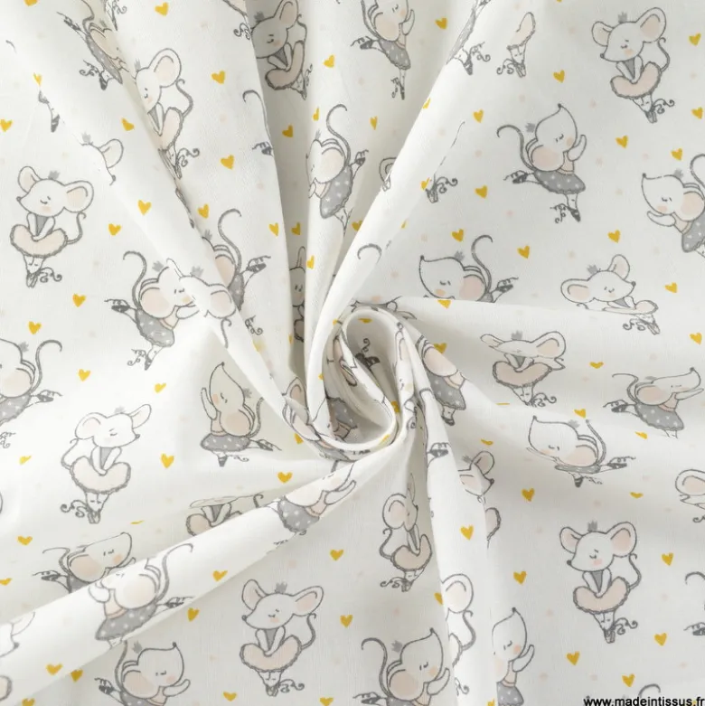 Tissu coton Misty motif souris danseuse en tutu fond blanc