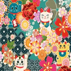 Tissu coton Miyuki japonais motif chats Maneki-neko turquoise