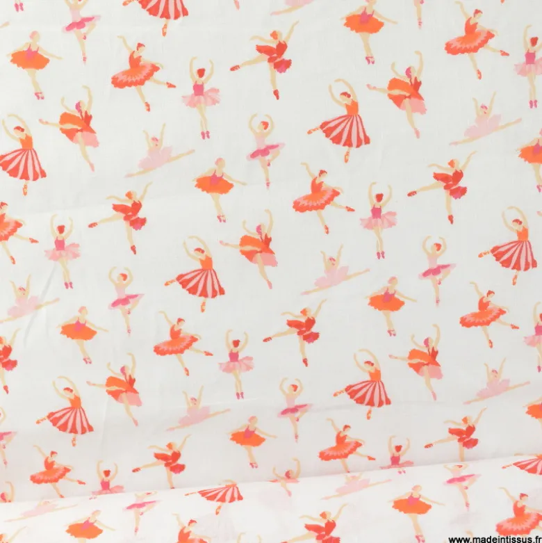 Tissu coton motif danseuse étoile rose fond blanc - OEKO TEX
