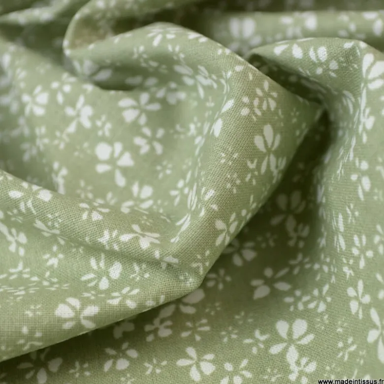 Tissu coton motif Fleurs Difatti Tilleul et Blanc - OEKO TEX