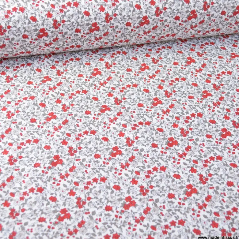 Tissu coton motifs fleurs Léonie beige et rouge - OEKO TEX