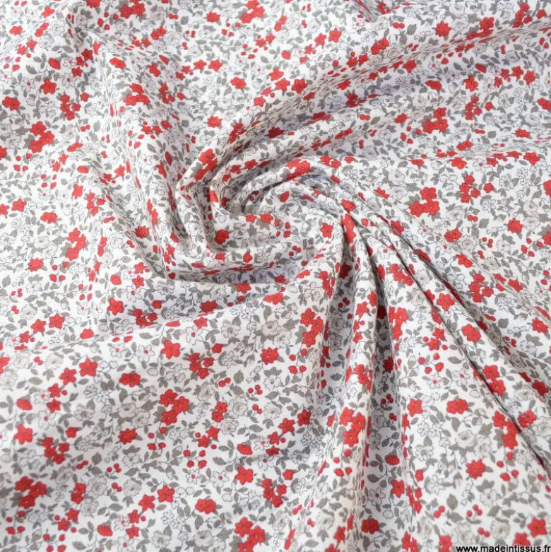 Tissu coton motifs fleurs Léonie beige et rouge - OEKO TEX