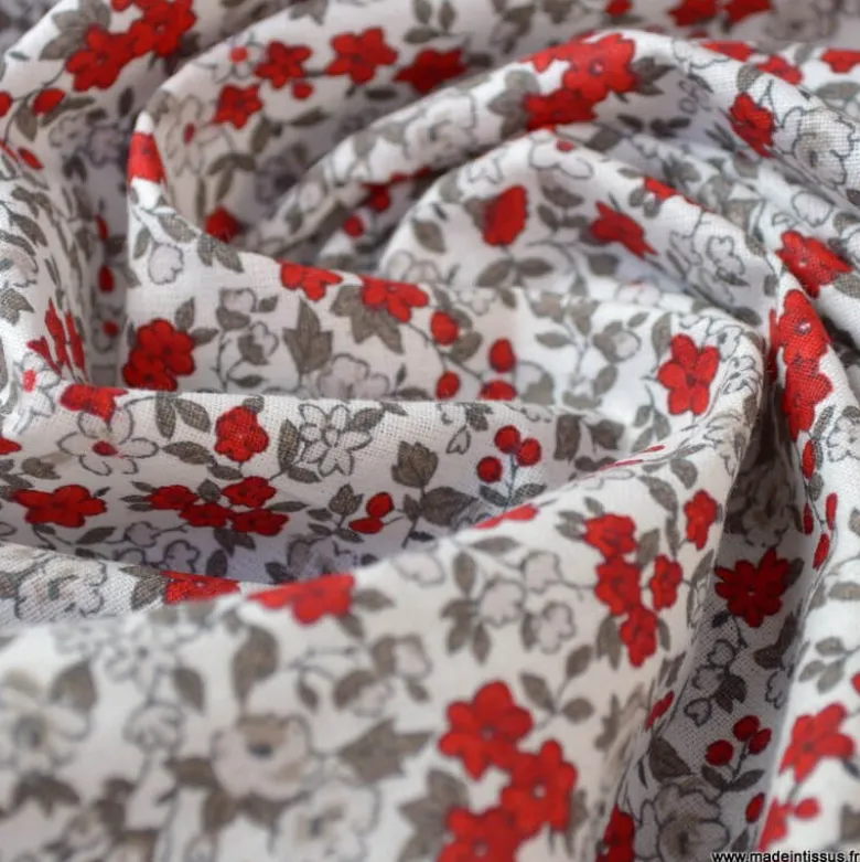 Tissu coton motifs fleurs Léonie beige et rouge - OEKO TEX