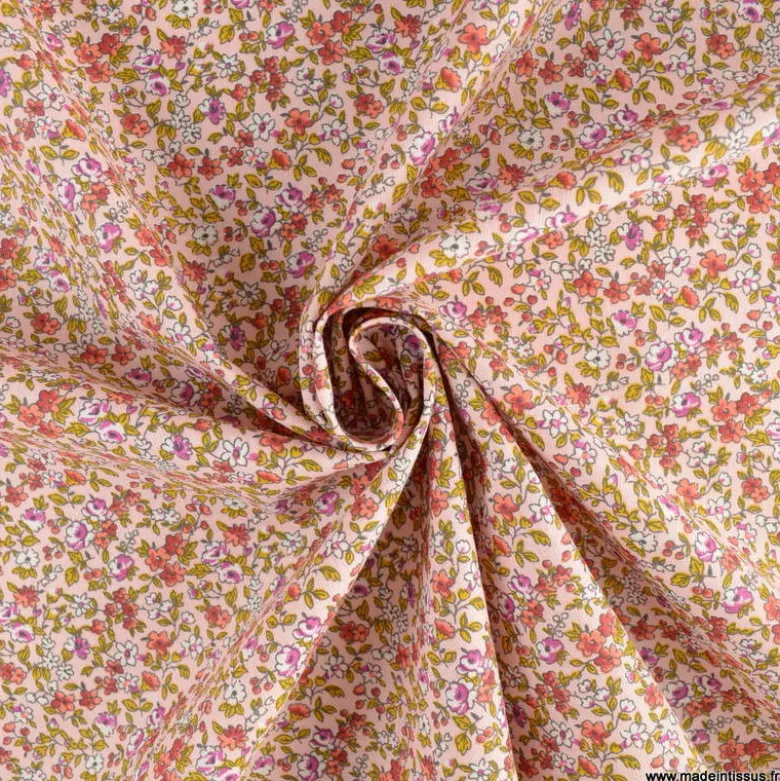 Tissu coton motifs fleurs Léonie Rose et ocre - OEKO TEX
